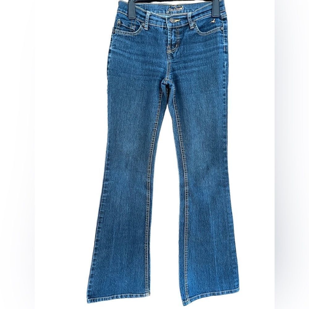 GRANE 5 pocket flare/boot cut jeans with design on pockets, size 1 long.